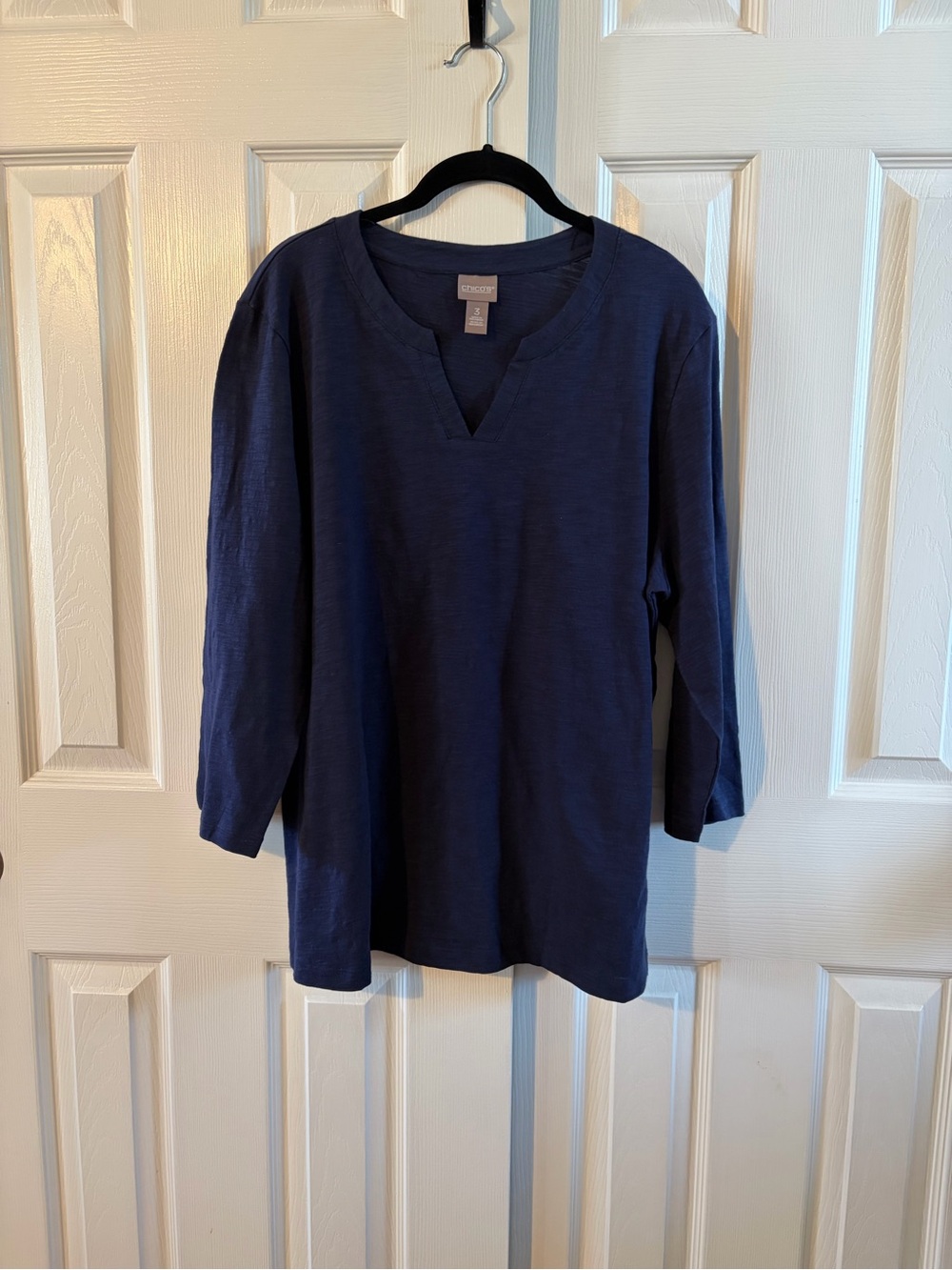 Chico’s Navy Women’s Split-Neck 100% Cotton Tunic Top Size 3-XL EUC